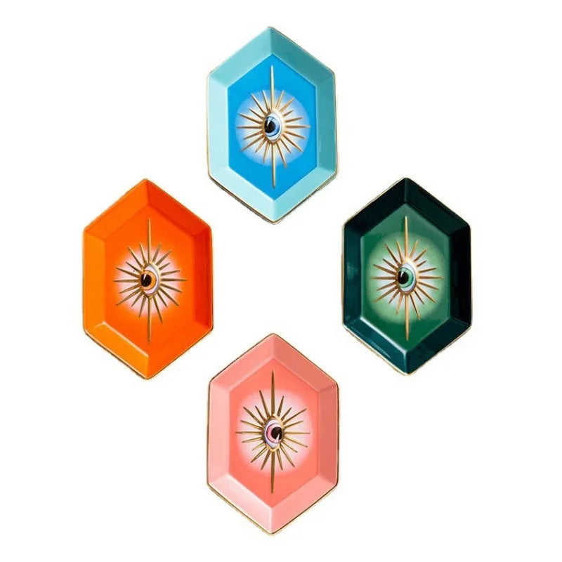 Farbenfrohes Hexagonales Keramik-Augen-Tablett – Modernes Dekoratives Schmuck- & Aufbewahrungsgeschirr