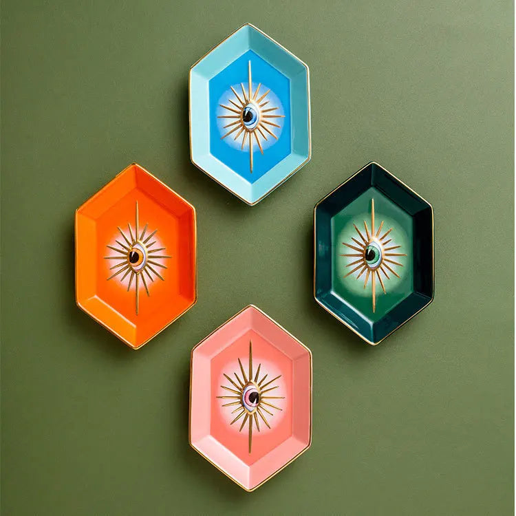 Farbenfrohes Hexagonales Keramik-Augen-Tablett – Modernes Dekoratives Schmuck- & Aufbewahrungsgeschirr
