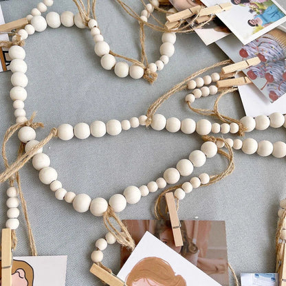Boho Wandbehang Fotodisplay mit Holzperlen & Clips