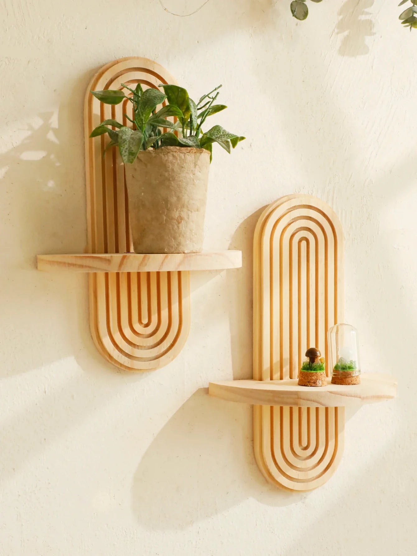 Boho Stil Holz Wandregal - Geometrische Wandmontierte Regale, Naturholz-Finish, Moderne Wohnkultur, Pflanzenhalter Kreis