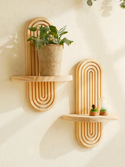 Boho Stil Holz Wandregal - Geometrische Wandmontierte Regale, Naturholz-Finish, Moderne Wohnkultur, Pflanzenhalter Kreis