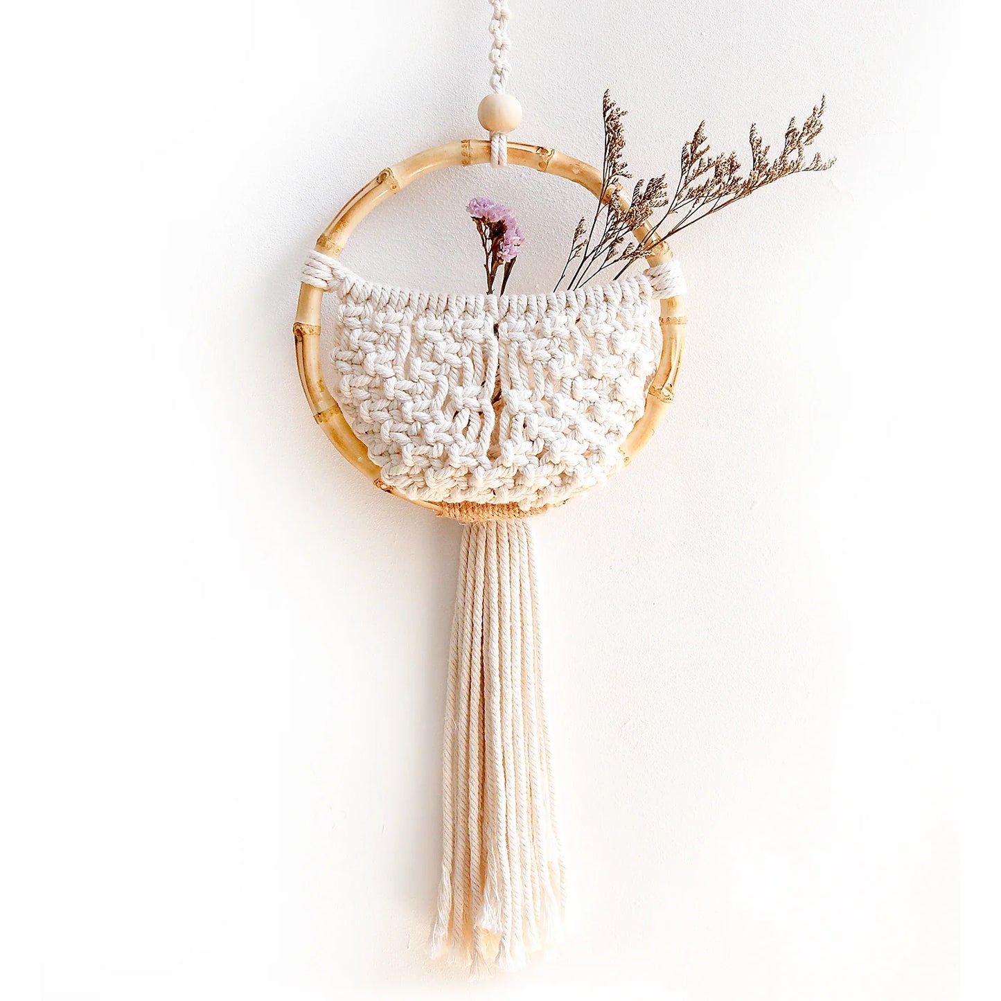 Boho Makramee Wandbehang mit Blumentopf-Tasche – Handgefertigter nordischer runder Wandteppich | Wohnheimzimmer & Wohnkultur