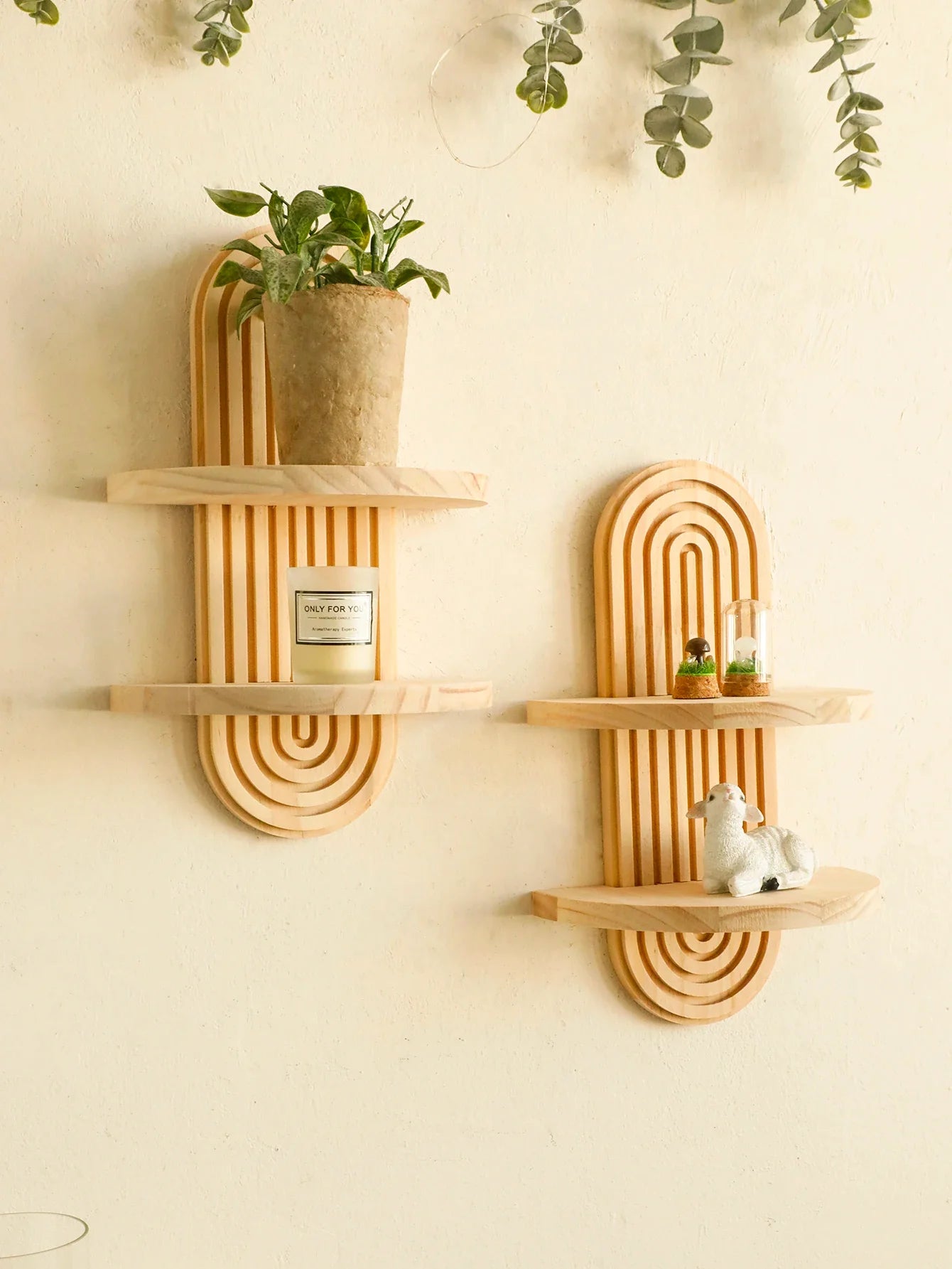 Boho Stil Holz Wandregal - Geometrische Wandmontierte Regale, Naturholz-Finish, Moderne Wohnkultur, Pflanzenhalter Kreis