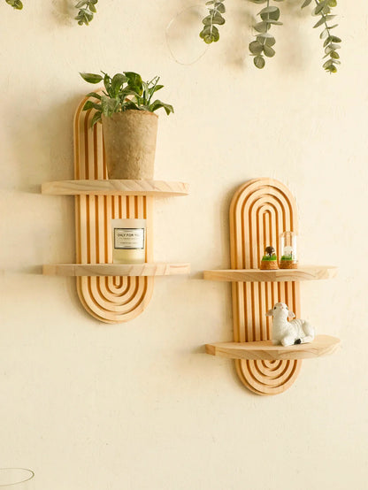 Boho Stil Holz Wandregal - Geometrische Wandmontierte Regale, Naturholz-Finish, Moderne Wohnkultur, Pflanzenhalter Kreis