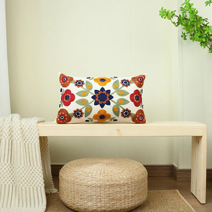 Boho Floral Gestickter Leinensofakissenbezug
