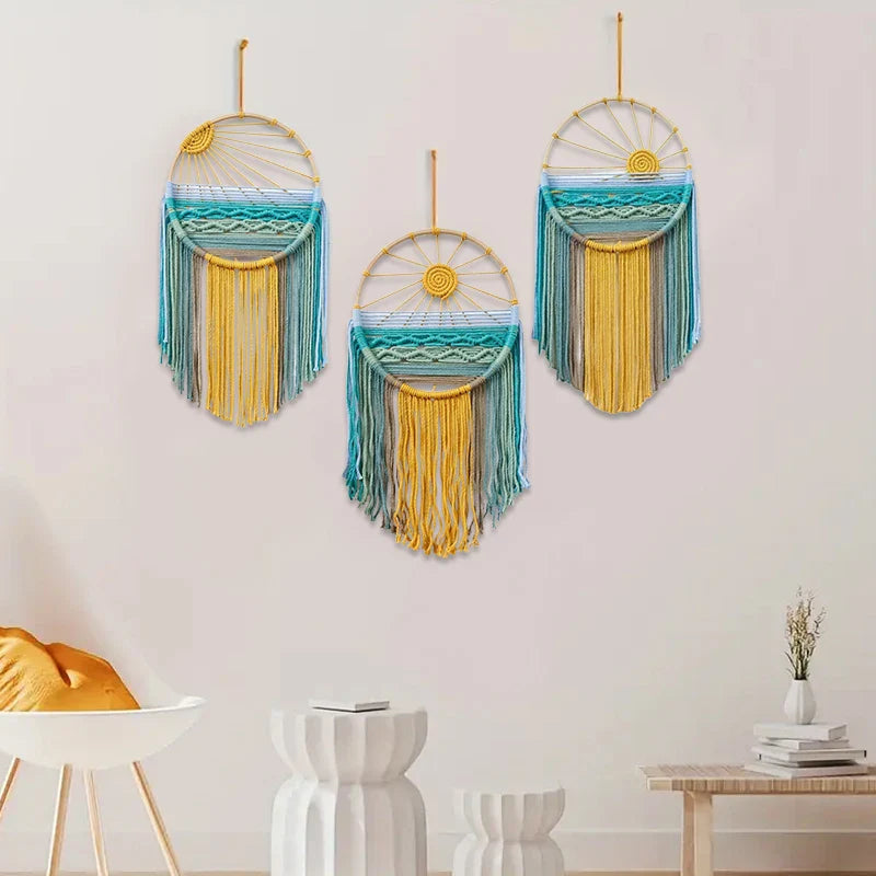 Sonnenaufgang & Sonnenuntergang Gewebter Boho Baumwoll Wandteppich