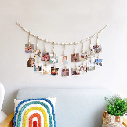 Boho Wandbehang Fotodisplay mit Holzperlen & Clips