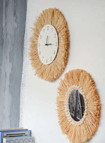 Boho Makramee Wandkunst – Gewebter Stroh- & Baumwollseil runder Spiegel, Uhr & Wandkunst | Nordische Hochzeitsdekoration & Boho Wohnakzent