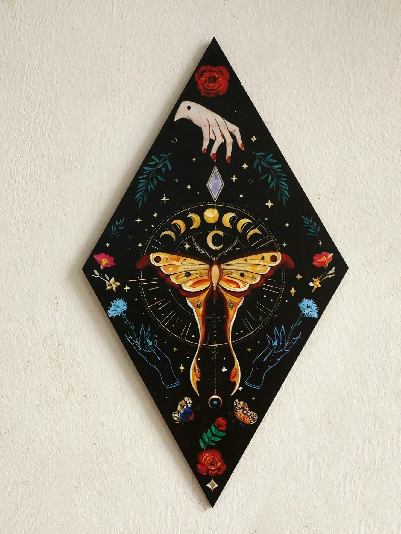 Schmetterling & Mond Holz Wandkunst – Handgemalte nordische Boho Wohnkultur Akzent