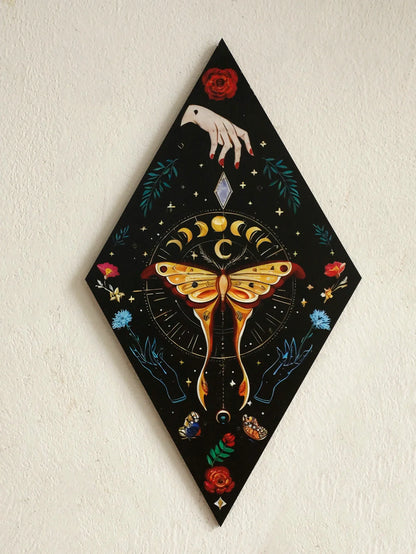 Schmetterling & Mond Holz Wandkunst – Handgemalte nordische Boho Wohnkultur Akzent