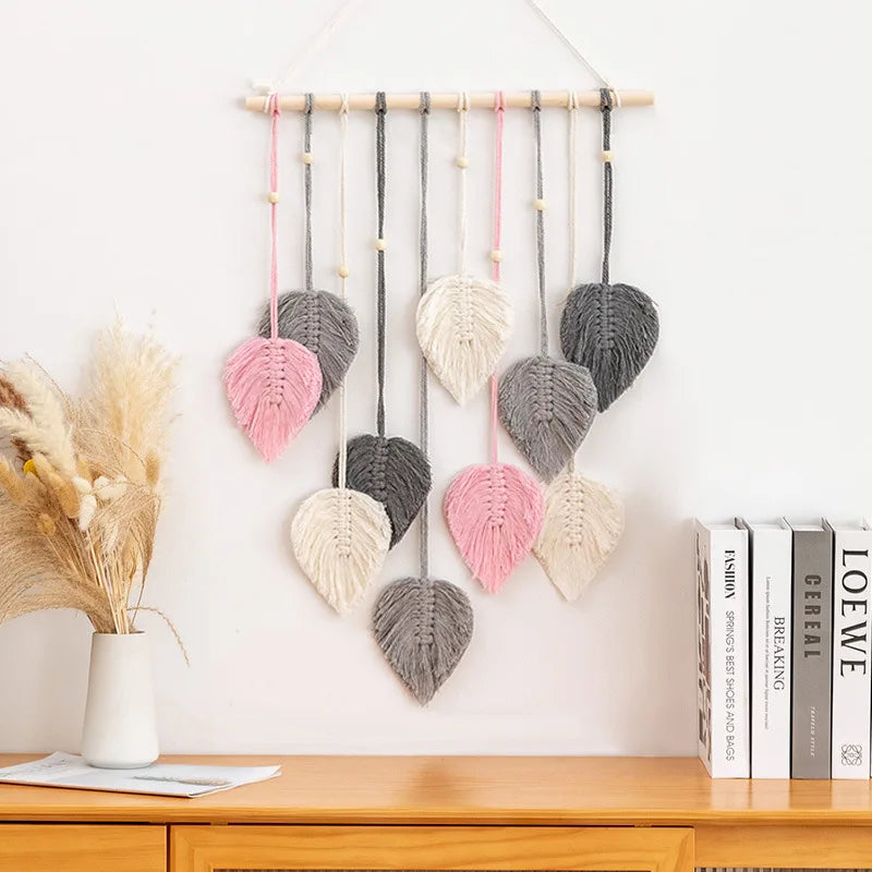 Boho Makramee Blatt Wandbehang – Handgewebter Wandteppich mit Perlen