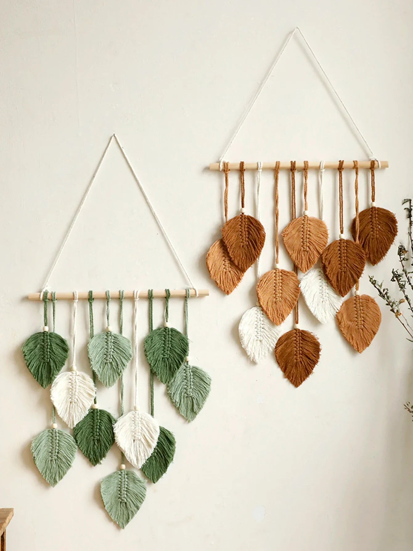 Blatt Makramee Wandteppich – Boho Baumwoll Wandbehang in Grün oder Braun