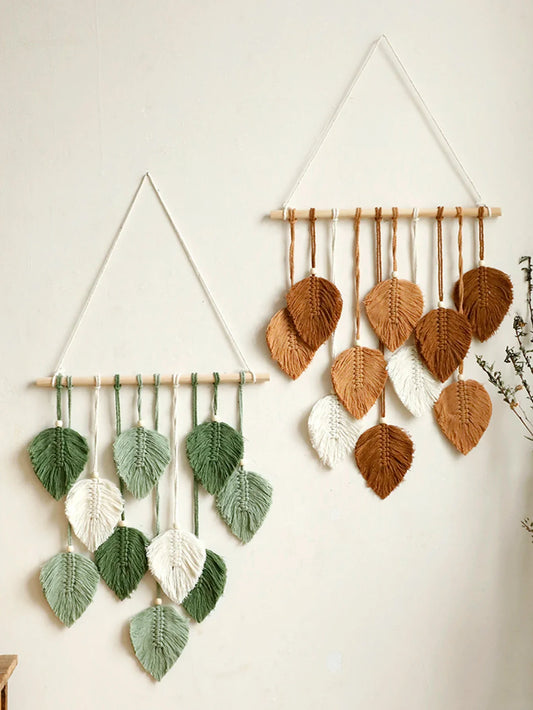 Blatt Makramee Wandteppich – Boho Baumwoll Wandbehang in Grün oder Braun
