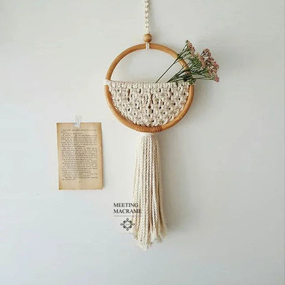 Boho Makramee Wandbehang mit Blumentopf-Tasche – Handgefertigter nordischer runder Wandteppich | Wohnheimzimmer & Wohnkultur