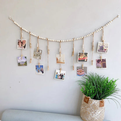 Boho Wandbehang Fotodisplay mit Holzperlen & Clips