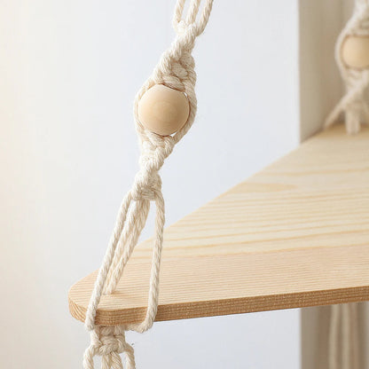 Boho Makramee Hängendes Holzregal – Handgefertigtes Schwimmendes Wandregal für die Wohnkultur