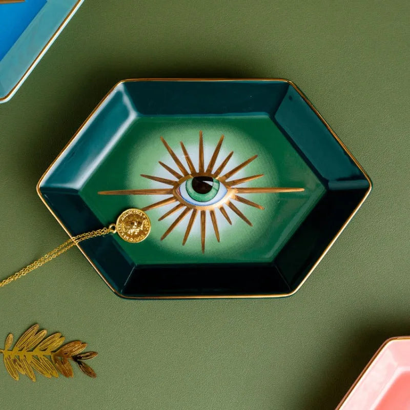 Farbenfrohes Hexagonales Keramik-Augen-Tablett – Modernes Dekoratives Schmuck- & Aufbewahrungsgeschirr