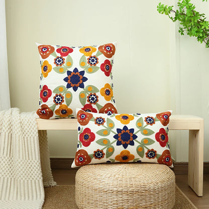Boho Floral Gestickter Leinensofakissenbezug