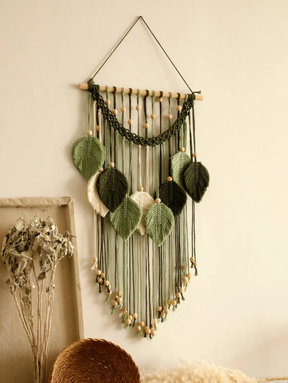 Blatt Makramee Wandteppich – Boho Baumwoll Wandbehang in Grün oder Braun