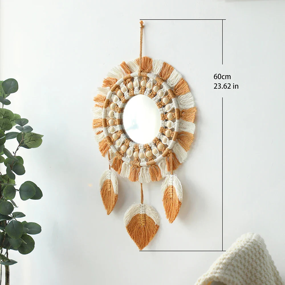 Boho Rundes Dekoratives Blatt Makramee Wandspiegel