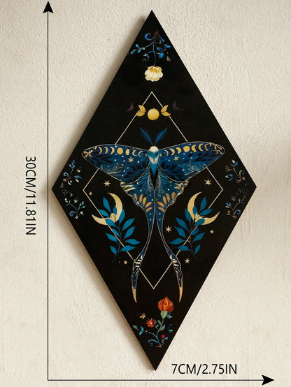 Schmetterling & Mond Holz Wandkunst – Handgemalte nordische Boho Wohnkultur Akzent