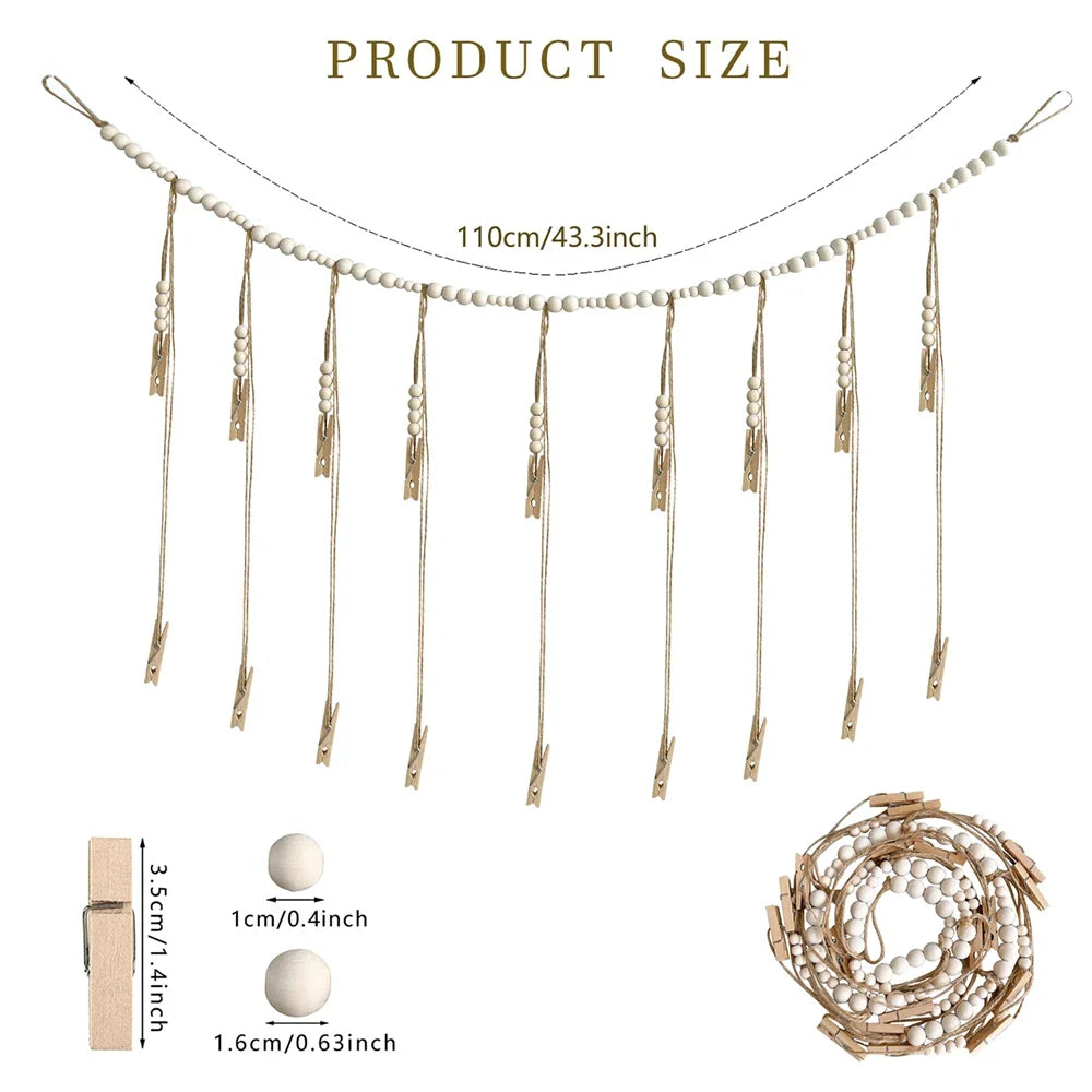 Boho Wandbehang Fotodisplay mit Holzperlen & Clips