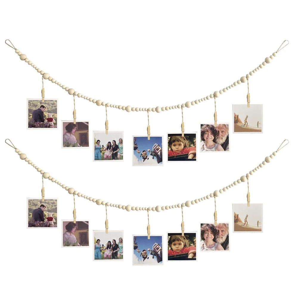 Boho Wandbehang Fotodisplay mit Holzperlen & Clips