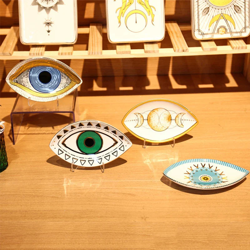 Keramischer Schmuckteller Schmuckschale Ringe Ohrringe Halsketten Schale Böse Augen Mondphasen Dekorative Platte Schüssel Wohnkultur Boho 1Stk