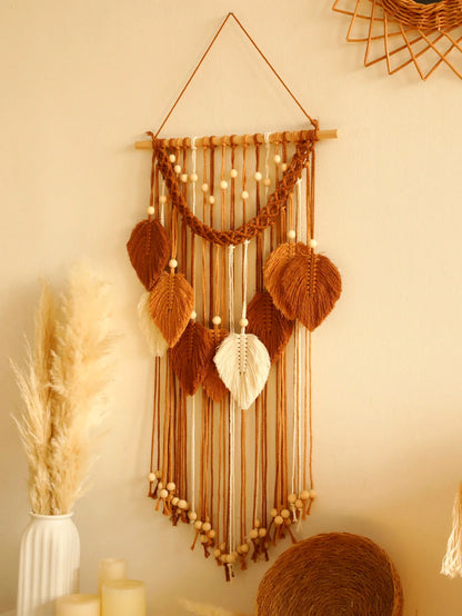 Blatt Makramee Wandteppich – Boho Baumwoll Wandbehang in Grün oder Braun
