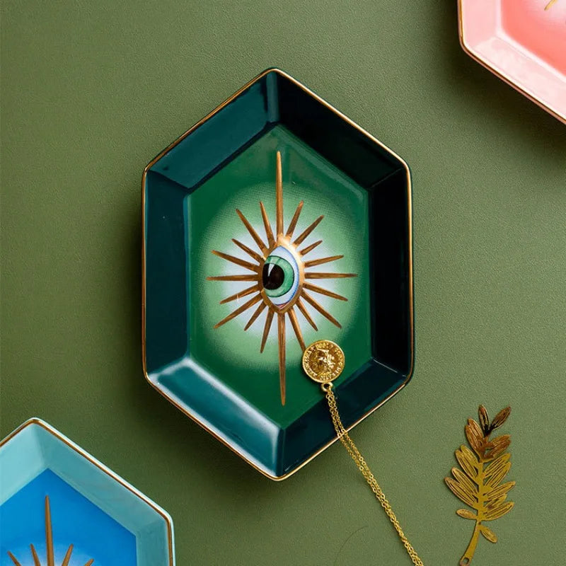 Farbenfrohes Hexagonales Keramik-Augen-Tablett – Modernes Dekoratives Schmuck- & Aufbewahrungsgeschirr
