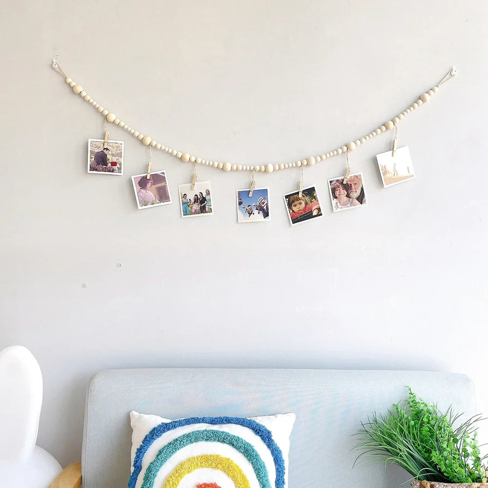 Boho Wandbehang Fotodisplay mit Holzperlen & Clips