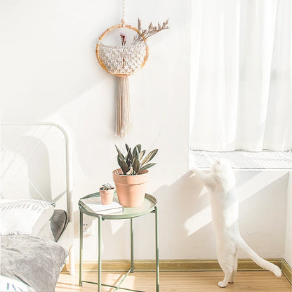 Boho Makramee Wandbehang mit Blumentopf-Tasche – Handgefertigter nordischer runder Wandteppich | Wohnheimzimmer & Wohnkultur