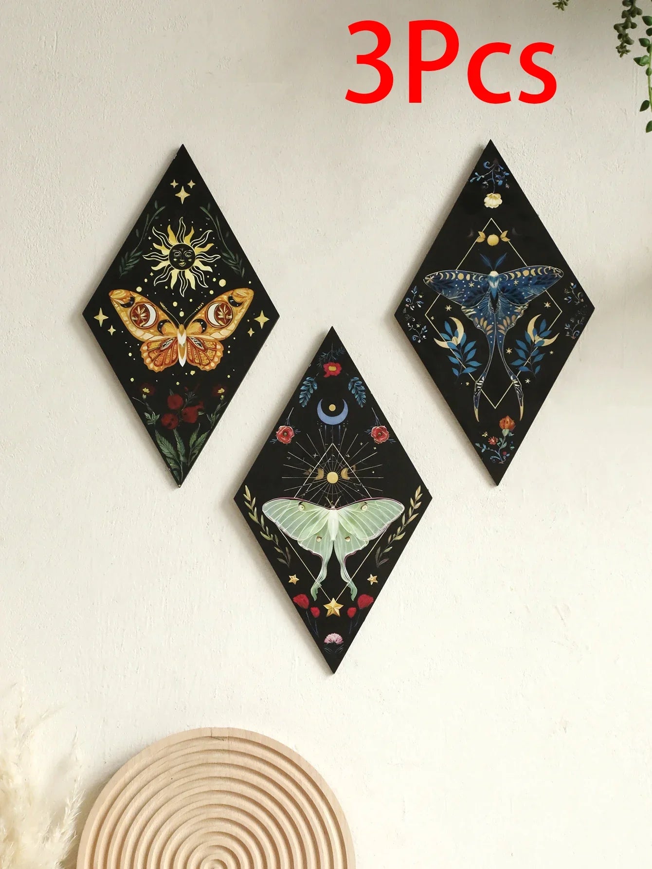 Schmetterling & Mond Holz Wandkunst – Handgemalte nordische Boho Wohnkultur Akzent
