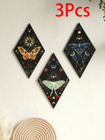 Schmetterling & Mond Holz Wandkunst – Handgemalte nordische Boho Wohnkultur Akzent
