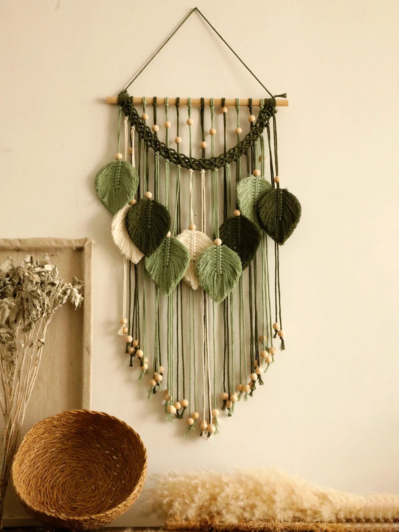 Blatt Makramee Wandteppich – Boho Baumwoll Wandbehang in Grün oder Braun