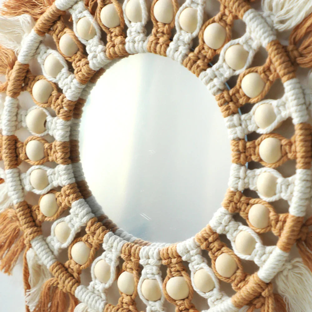 Boho Rundes Dekoratives Blatt Makramee Wandspiegel