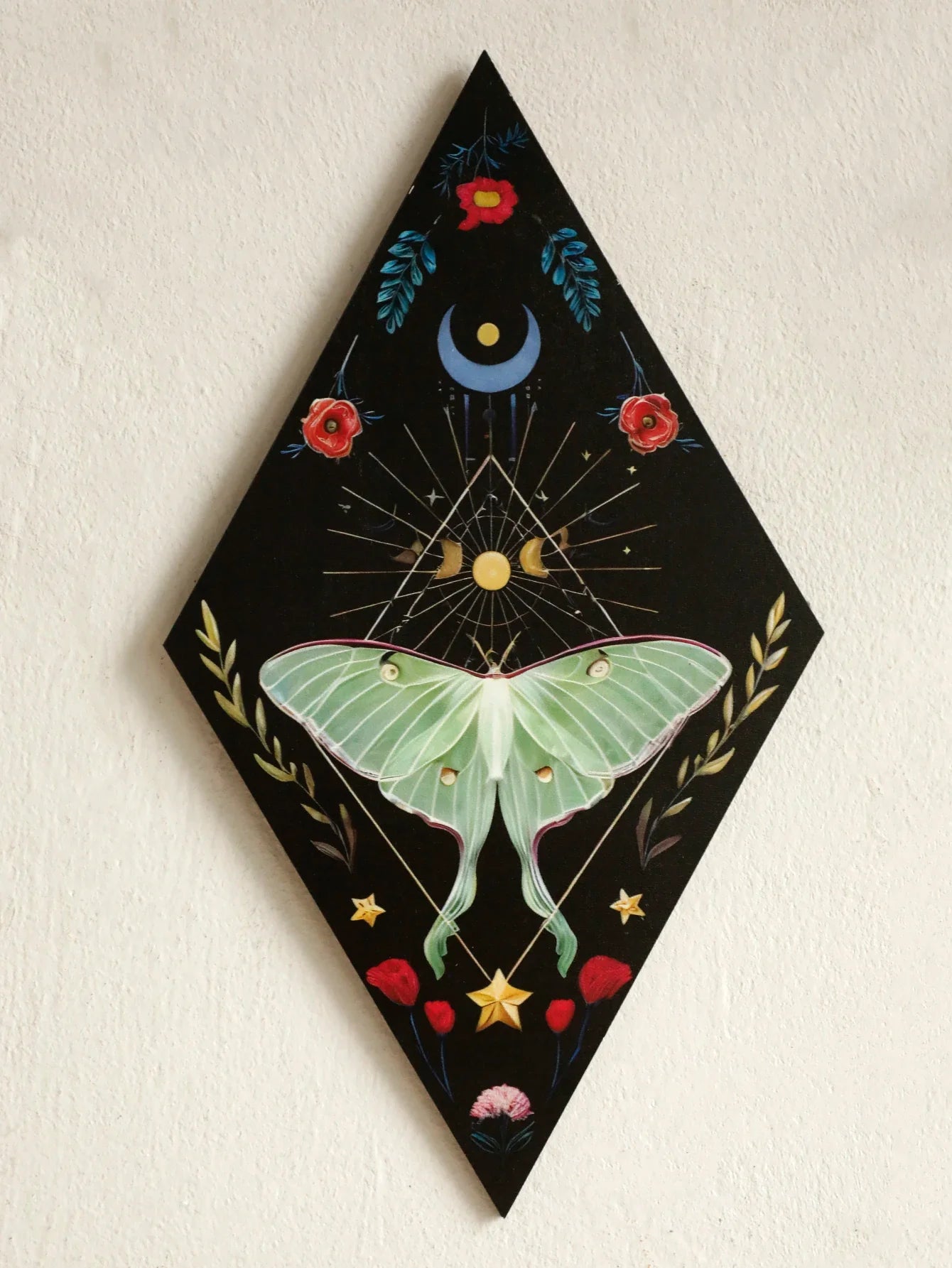 Schmetterling & Mond Holz Wandkunst – Handgemalte nordische Boho Wohnkultur Akzent