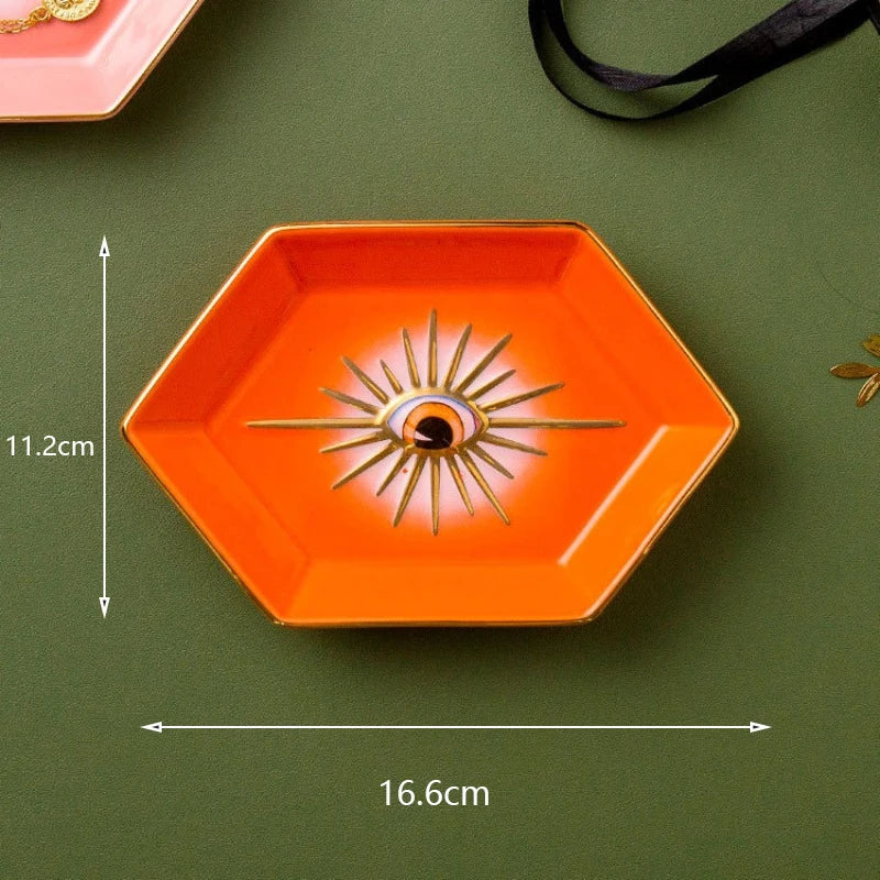 Farbenfrohes Hexagonales Keramik-Augen-Tablett – Modernes Dekoratives Schmuck- & Aufbewahrungsgeschirr