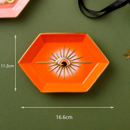 Farbenfrohes Hexagonales Keramik-Augen-Tablett – Modernes Dekoratives Schmuck- & Aufbewahrungsgeschirr