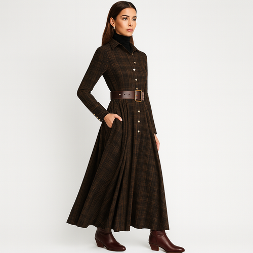 Velora Plaid Long Shirt Dress – Brown & Black Checked Elegance