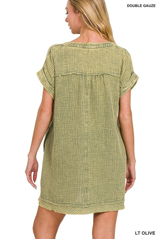 Zenana Baumwolle Doppel-Gaze Gewaschenes Damenkleid S-XL Hellteal