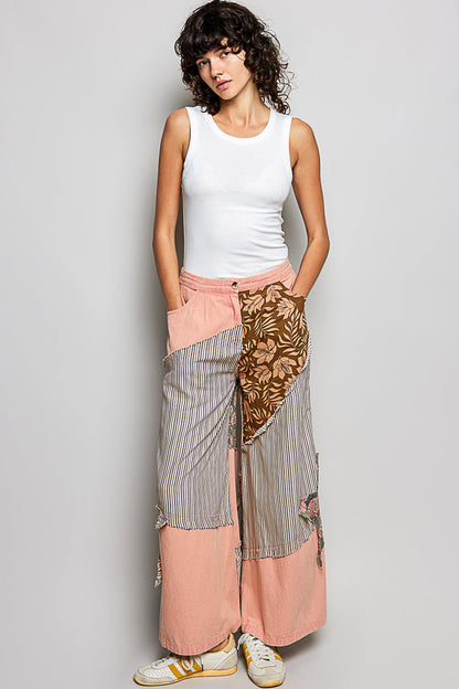 POL Gestreifte Blumen-Patchwork Weite Damenhose Big Star Patch