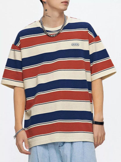 Herren Oversized T-Shirt mit gestreiftem Rundhalsausschnitt in Übergröße