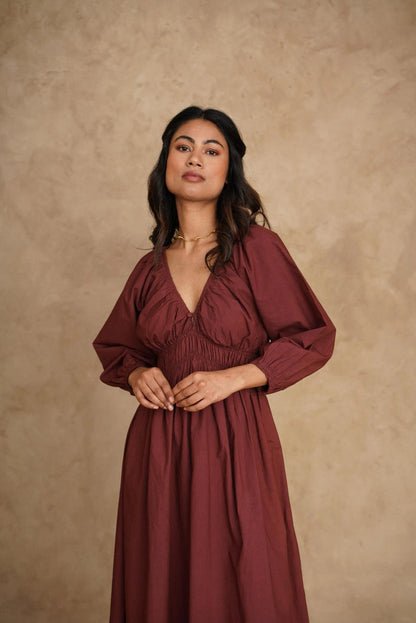 Organic Deep V-Neck Midi Dress with Pockets, Long Sleeve