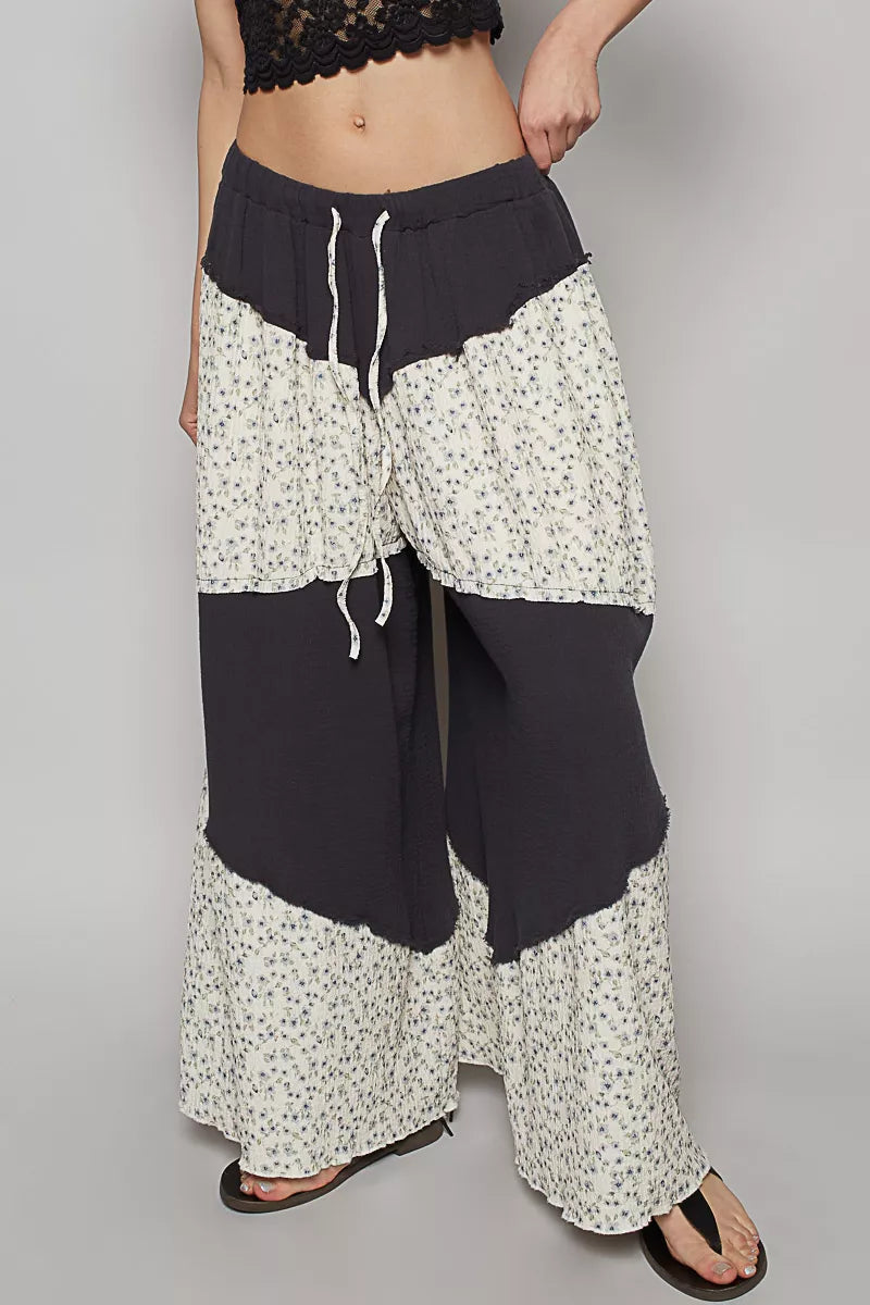 POL Kontrast Blumen Drawstring Weite Bein Damenhose