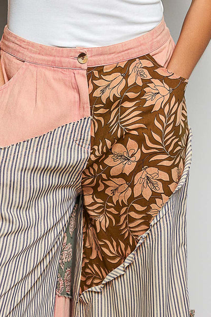 POL Gestreifte Blumen-Patchwork Weite Damenhose Big Star Patch