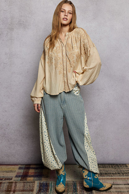 POL Stickerei Button Down Langarm Damenbluse