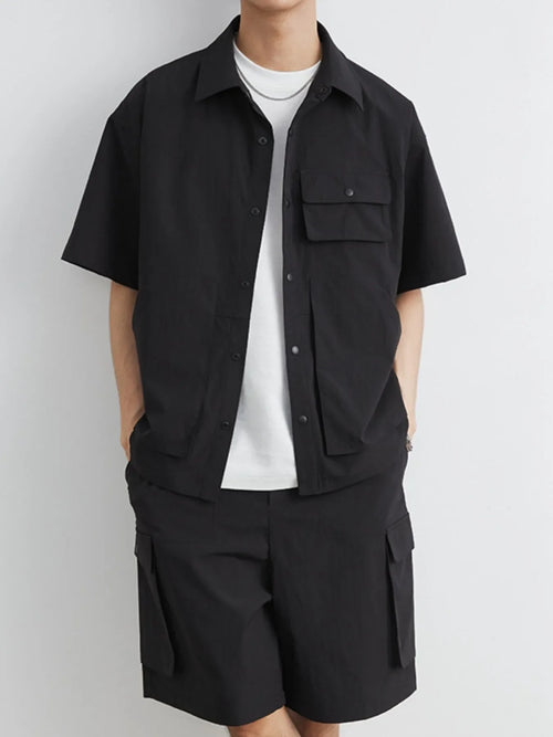 Herren Plus Size Kurzarmhemd mit Knopfleiste und Shorts Set