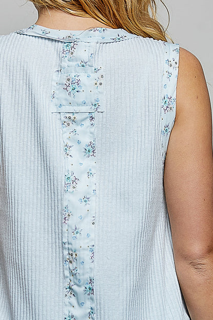 POL Floral Print Patch Ribbed Damen Tanktop mit Rüschendetails aus doppellagiger Gaze