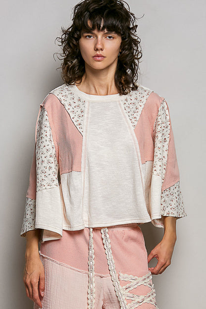 POL Exposed Seam Floral Patchwork Textured Slub Knit Damen Top